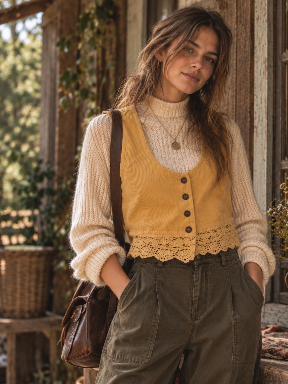 Crop Corduroy Vest Crochet Hem Fall Layering Textured Earthy Forestcore Buttons